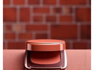 赤レンガ倉庫を背景にした、レンガ色のリップとチーク